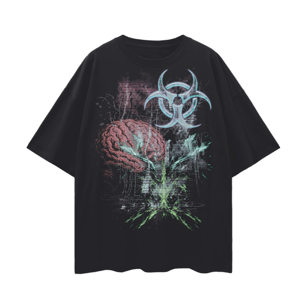 Hardstyle Nuclear Brain T-Shirt – Oversized Biohazard Rave Tee, 190 GSM 100% Cotton, Unisex Loose Fit, Extreme Techno Aesthetic