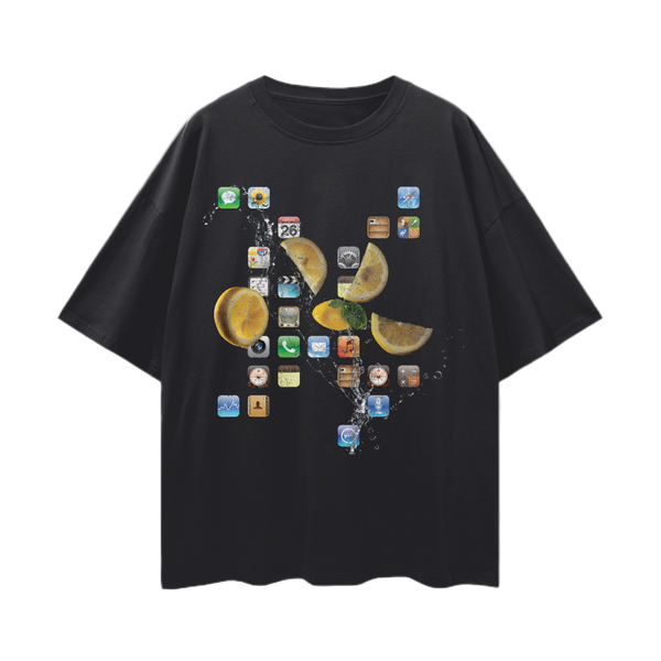 iPod Classic Icons T-Shirt – Oversized Y2K Fruit Splash Aesthetic Tee, 100% Cotton Unisex Loose Fit, Retro Tech Vibe, High-Quality Print