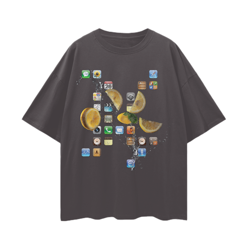 iPod Classic Icons T-Shirt – Oversized Y2K Fruit Splash Aesthetic Tee, 100% Cotton Unisex Loose Fit, Retro Tech Vibe, High-Quality Print
