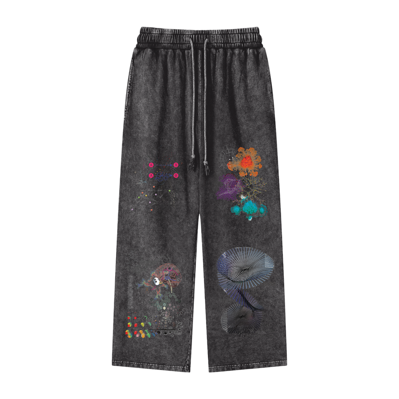 Complex Emergent Systems Acid Wash Sweatpants – 360 GSM Heavyweight Cotton Straight Leg, Information Data Graphics Edition