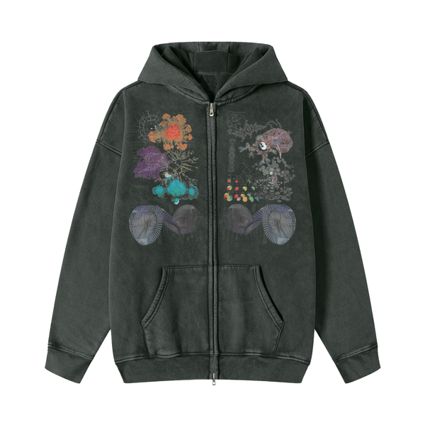 Information Overload Zip Up Hoodie | Algorithmic Network Graph Fleece, Post-Internet Streetwear Snow Washed Zip-Through Fleece Hoodie
