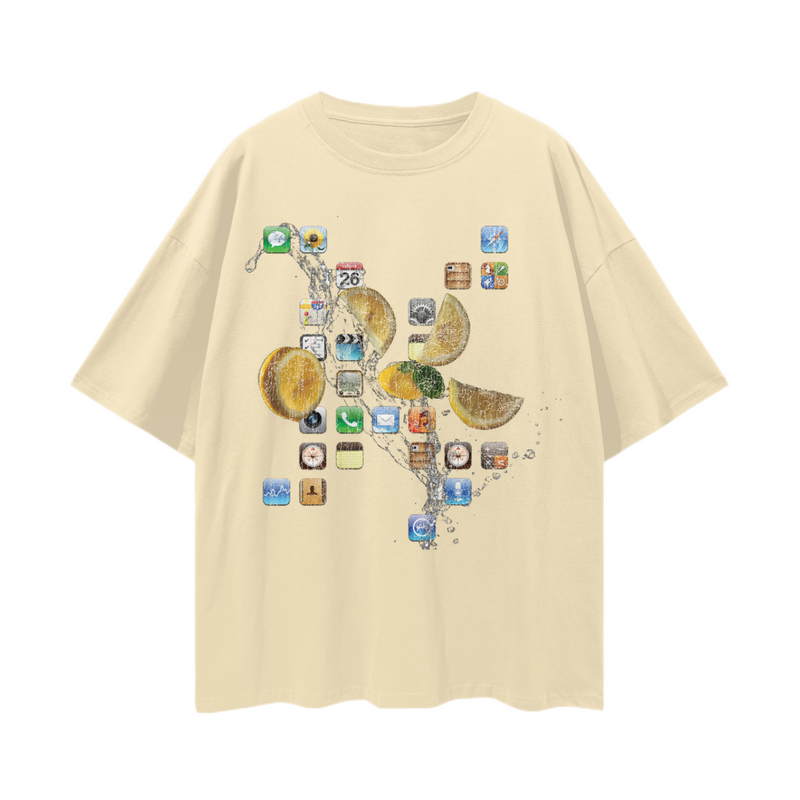 iPod Classic Icons T-Shirt – Oversized Y2K Fruit Splash Aesthetic Tee, 100% Cotton Unisex Loose Fit, Retro Tech Vibe, High-Quality Print