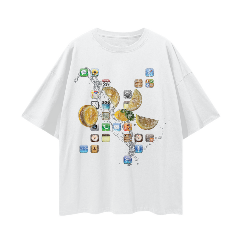 iPod Classic Icons T-Shirt – Oversized Y2K Fruit Splash Aesthetic Tee, 100% Cotton Unisex Loose Fit, Retro Tech Vibe, High-Quality Print