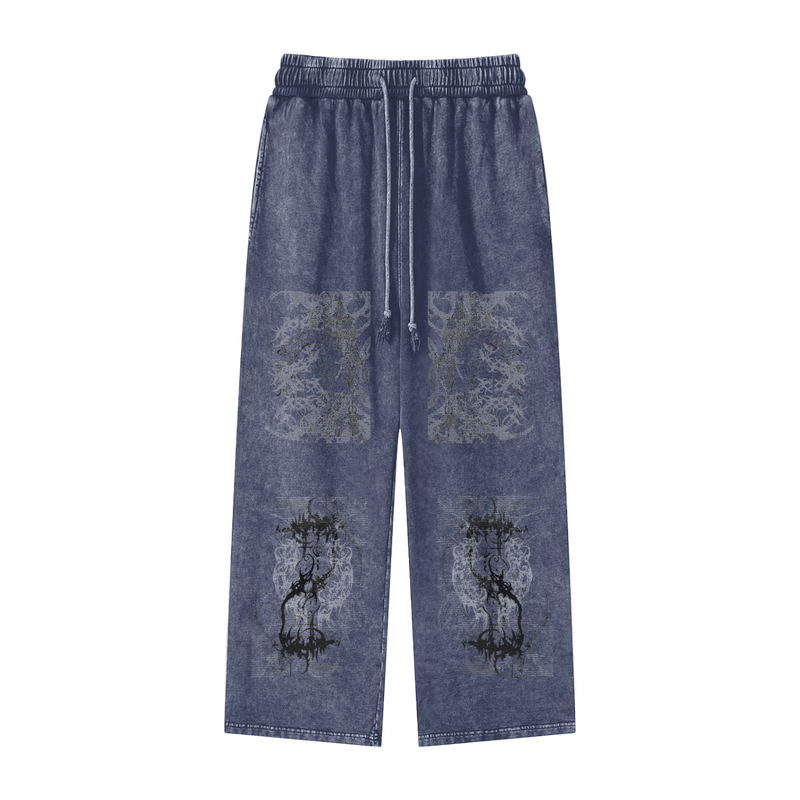 Y2K Cybersigil Pants – Acid Wash Straight Leg Techwear, 360 GSM 100% Cotton, Unisex Loose Fit, Dark Aesthetic, High-Quality Print