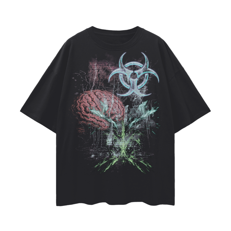 Hardstyle Nuclear Brain T-Shirt – Oversized Biohazard Rave Tee, 190 GSM 100% Cotton, Unisex Loose Fit, Extreme Techno Aesthetic