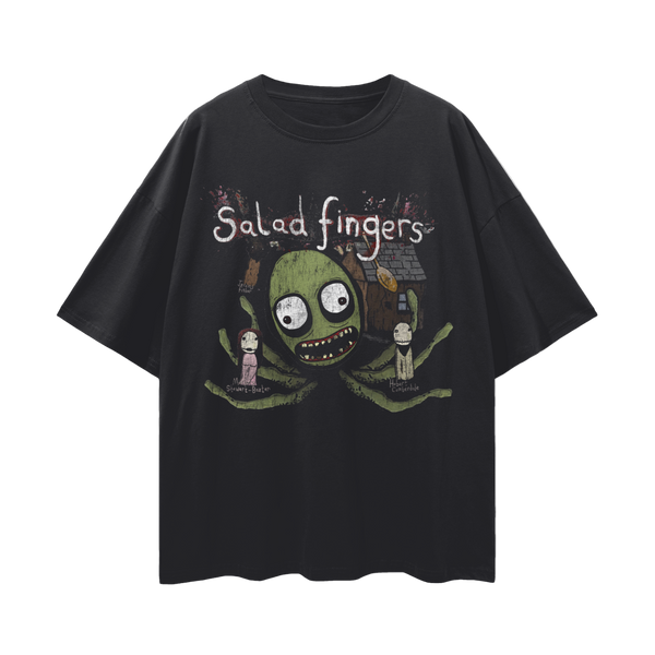 Salad Fingers T-Shirt – Oversized Surreal Horror Tee, 100% Cotton Unisex Loose Fit, Creepy Dark Web Animation Nostalgia Shirt
