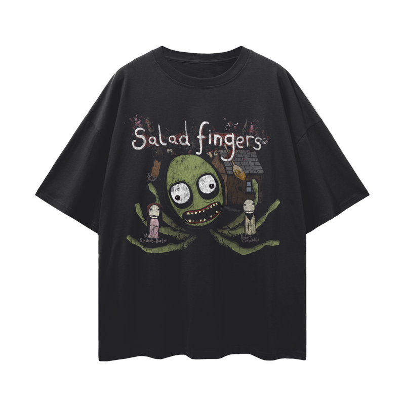 Salad Fingers T-Shirt – Oversized Surreal Horror Tee, 100% Cotton Unisex Loose Fit, Creepy Dark Web Animation Nostalgia Shirt