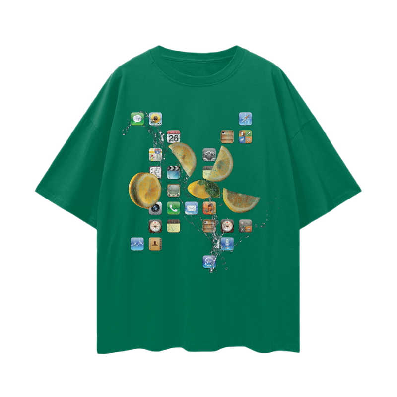 iPod Classic Icons T-Shirt – Oversized Y2K Fruit Splash Aesthetic Tee, 100% Cotton Unisex Loose Fit, Retro Tech Vibe, High-Quality Print