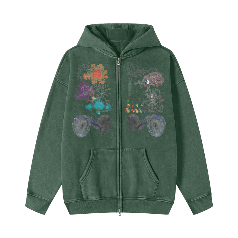 Information Overload Zip Up Hoodie | Algorithmic Network Graph Fleece, Post-Internet Streetwear Snow Washed Zip-Through Fleece Hoodie