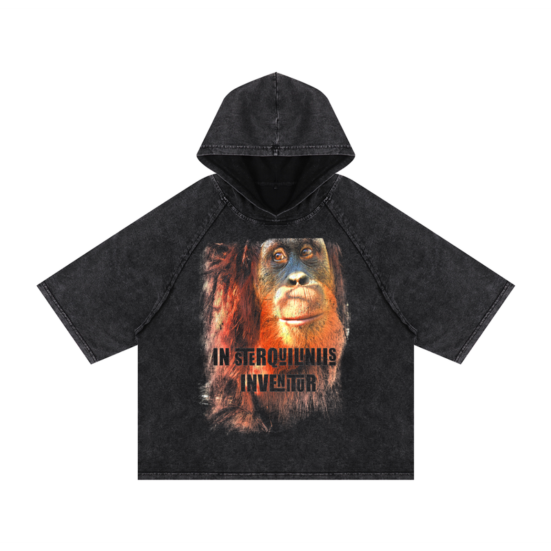 Vintage Orangutan Latin Quote Tee Snow Washed Hooded Boxy T-Shirt