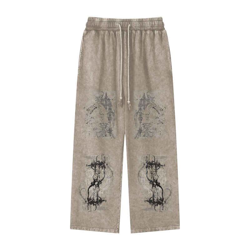 Y2K Cybersigil Pants – Acid Wash Straight Leg Techwear, 360 GSM 100% Cotton, Unisex Loose Fit, Dark Aesthetic, High-Quality Print