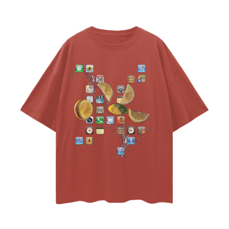 iPod Classic Icons T-Shirt – Oversized Y2K Fruit Splash Aesthetic Tee, 100% Cotton Unisex Loose Fit, Retro Tech Vibe, High-Quality Print