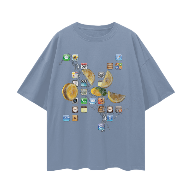 iPod Classic Icons T-Shirt – Oversized Y2K Fruit Splash Aesthetic Tee, 100% Cotton Unisex Loose Fit, Retro Tech Vibe, High-Quality Print