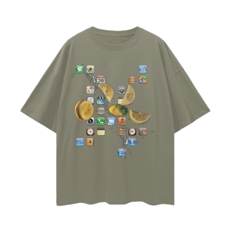 iPod Classic Icons T-Shirt – Oversized Y2K Fruit Splash Aesthetic Tee, 100% Cotton Unisex Loose Fit, Retro Tech Vibe, High-Quality Print