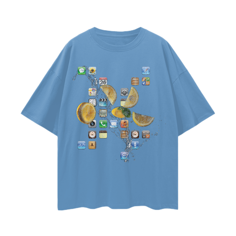 iPod Classic Icons T-Shirt – Oversized Y2K Fruit Splash Aesthetic Tee, 100% Cotton Unisex Loose Fit, Retro Tech Vibe, High-Quality Print
