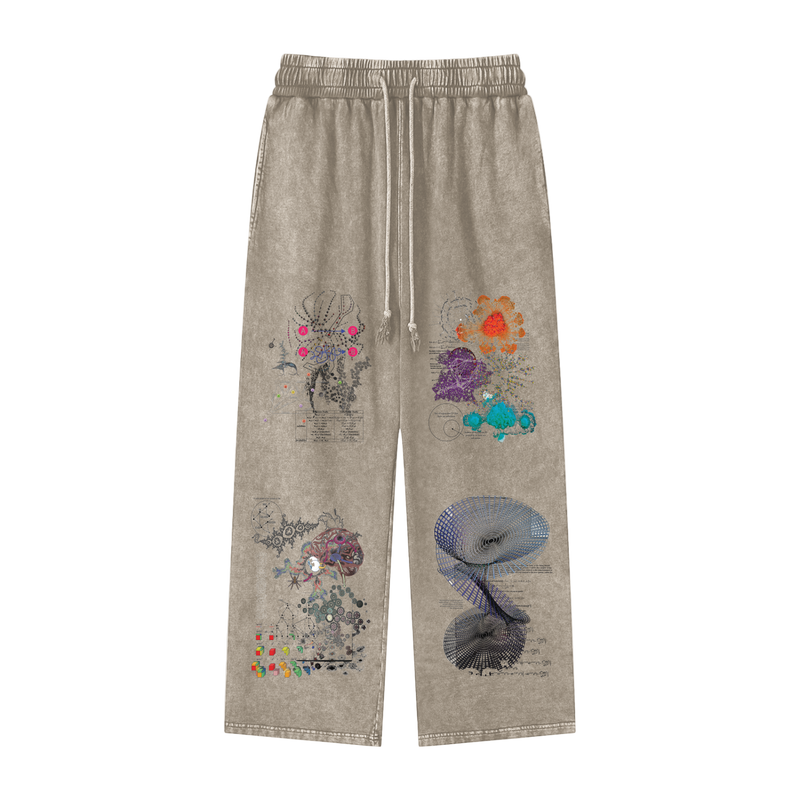 Complex Emergent Systems Acid Wash Sweatpants – 360 GSM Heavyweight Cotton Straight Leg, Information Data Graphics Edition