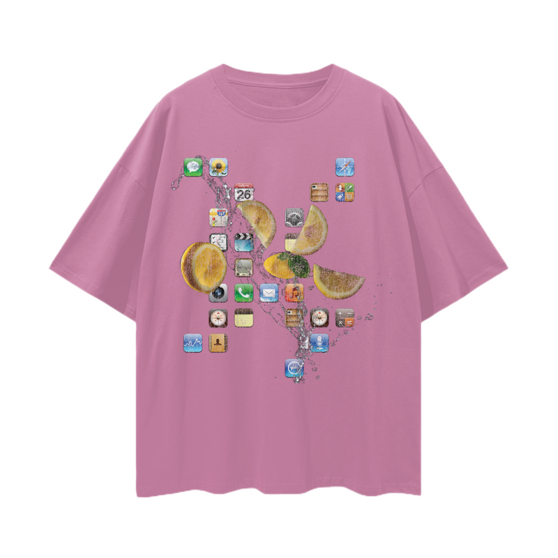 iPod Classic Icons T-Shirt – Oversized Y2K Fruit Splash Aesthetic Tee, 100% Cotton Unisex Loose Fit, Retro Tech Vibe, High-Quality Print