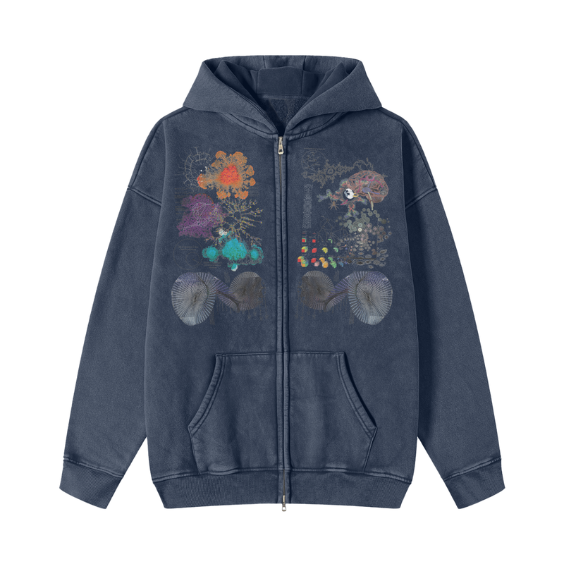 Information Overload Zip Up Hoodie | Algorithmic Network Graph Fleece, Post-Internet Streetwear Snow Washed Zip-Through Fleece Hoodie