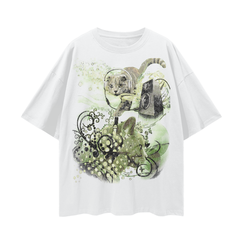 Frutiger Metro Webcore Y2K Cat T-Shirt | Vintage Cyber Aesthetic Oversized Tee